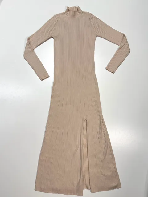 ASTR The Label Women's Dress Size M Quiet Luxury Old Money Preppy Y2K Balletcore Cream Ribbed Knit Mock Neck Midi Maxi Long Sleeve Side Slit Stretch Bodycon