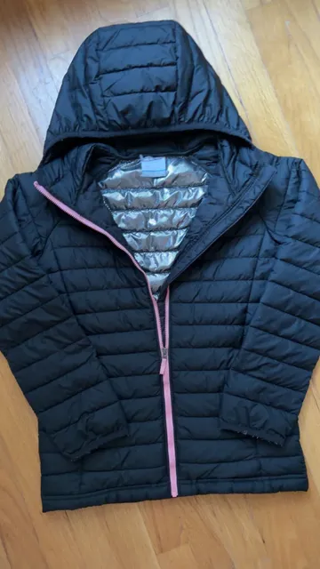 Columbia Powder Lite Hooded Jacket Size M 10/12 Black Pink Puffer