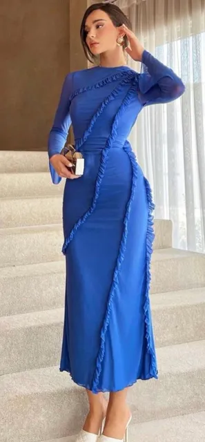 Aloruh Frill Trim Flounce Sleeve Mermaid Hem Dress Royal Blue