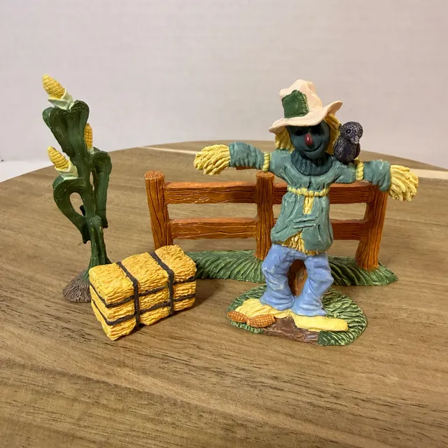 Fall Harvest Scarecrow Figurine Set with Fence Hay Bale Corn