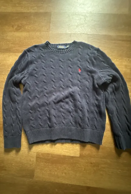 Polo Ralph Lauren Cable Knit Sweater Size L/G Navy Red Logo
