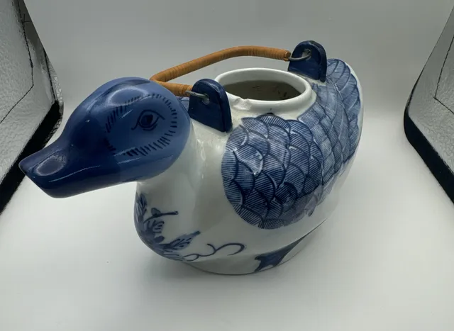 Vintage Hand Painted Blue And White Duck Ceramic Teapot