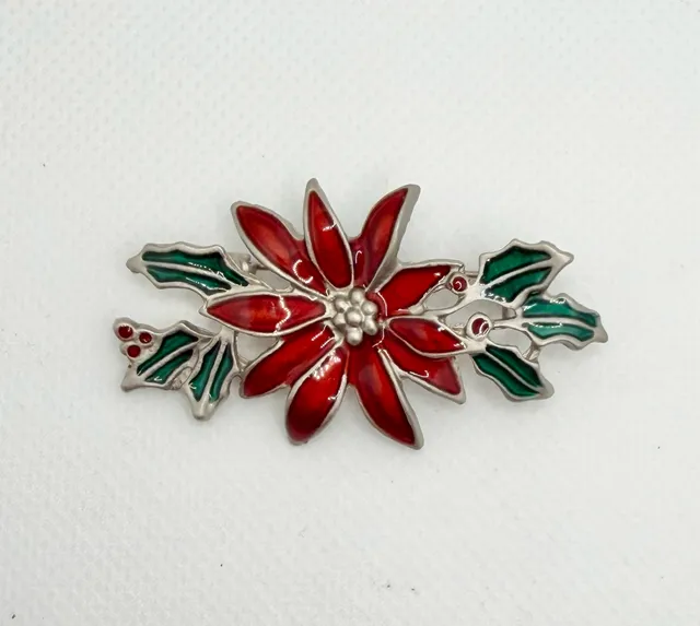 Vintage Silver Tone and Enamel Poinsettia Christmas Holiday Brooch Pin Red Green