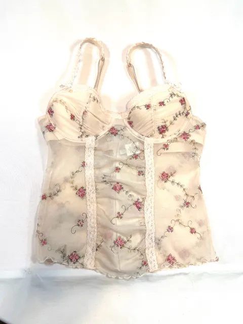 Rampage Women's Bustier Corset Top 34A Y2K Coquette Fairycore Balletcore Whimsigoth Floral Embroidered Sheer Mesh Cream Pink Rose Lace Trim Underwire Hook Eye Vintage 2000s