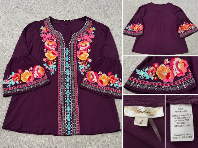 Andree by Unit Women L Purple Floral Embroidered Boho Bell Sleeve Blouse
