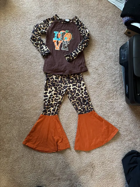 Sparkle In Pink Pumpkin Leopard LOVE Outfit Size 6T Long Sleeve Flare Pants