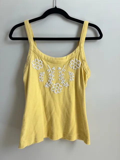 INC International Concepts Tank Top Size L Yellow Floral Embroidered Ribbed
