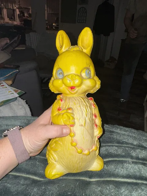 Vintage Yellow Rubber Rabbit Coin Bank Easter Toy