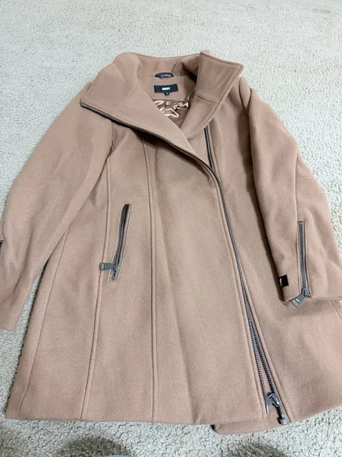 DKNY Asymmetrical Zip Coat Size M Camel