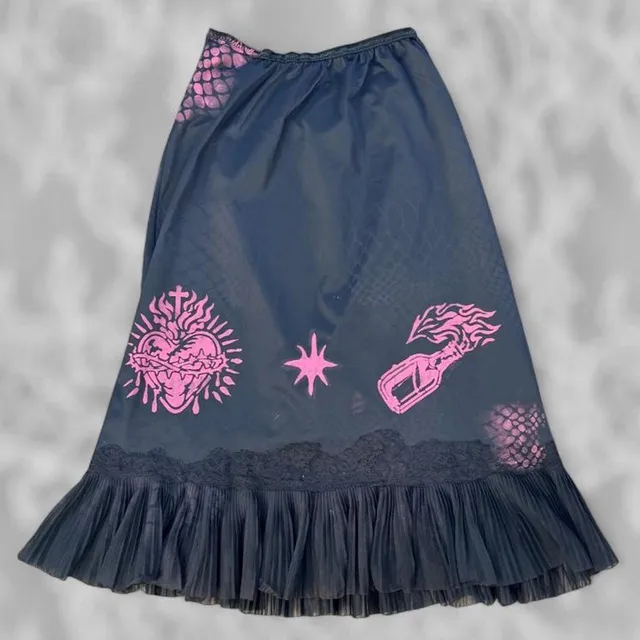 Gunflower Reworked Gothic Slip Skirt S-M Black Pink Sacred Heart Punk
