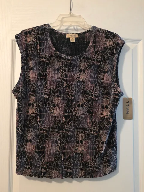 NWT Plisse Pleated Sleeveless Top Size 3X Black Beige Crinkle Polyester