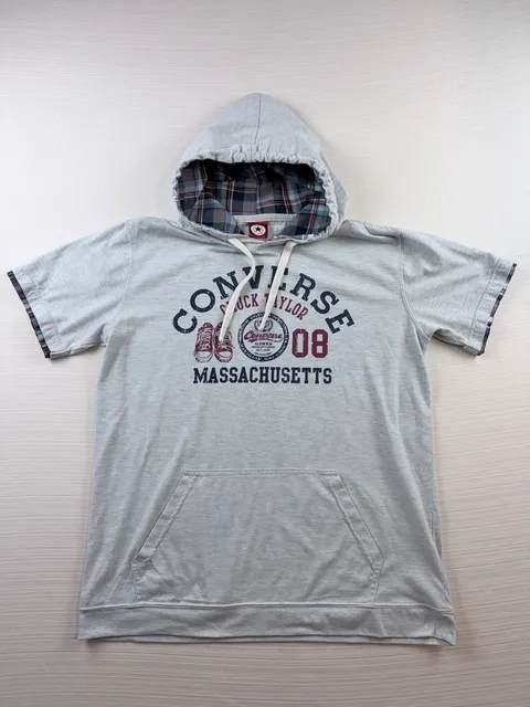 Women’s Converse Short Sleeve Hoodie Size LL Gray Chuck Taylor Massachusetts 08