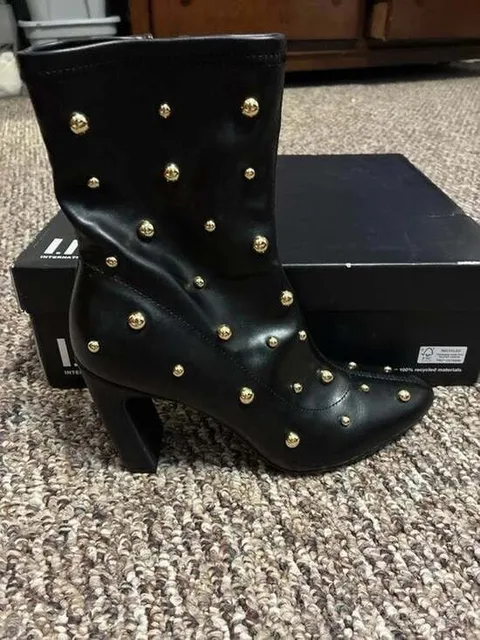 Women’s sz 7.5 new in box black gold studded zip up heeled boots I. N. C.