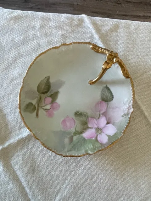 T&V Limoges Hand Painted Floral Nappy Dish with Gold Handle