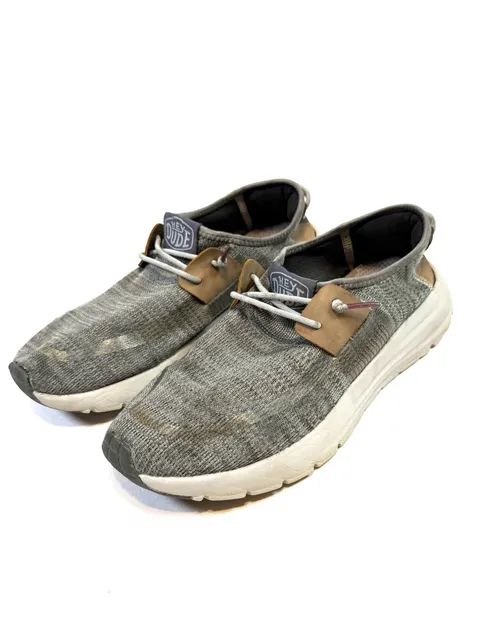 Hey Dude Men's Sirocco Slip On Shoes Size 8 Gorpcore Normcore Heritage Minimalist Athleisure Gray Knit Tan Nubuck Bungee Lace Comfort UK 7