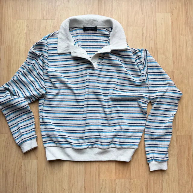 White Fox Blue White Striped Long Sleeve Polo Knit Rugby Top Slouchy Long sleeve
