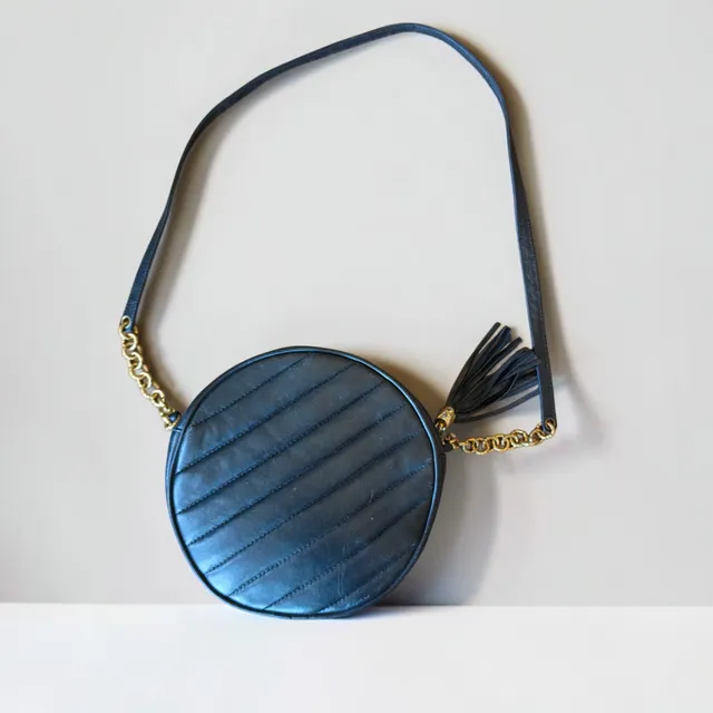 Vintage 80s 90s Maresse Black Quilted Round Canteen Bag Leather Crossbody Tassel