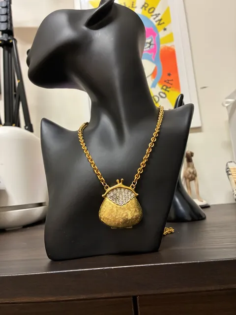 Vintage Whiting & Davis Gold Tone Rhinestone Purse Locket Necklace