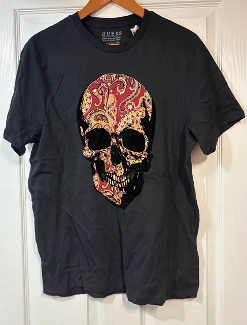 Guess Skull Paisley Graphic T-Shirt XL Black Organic Cotton