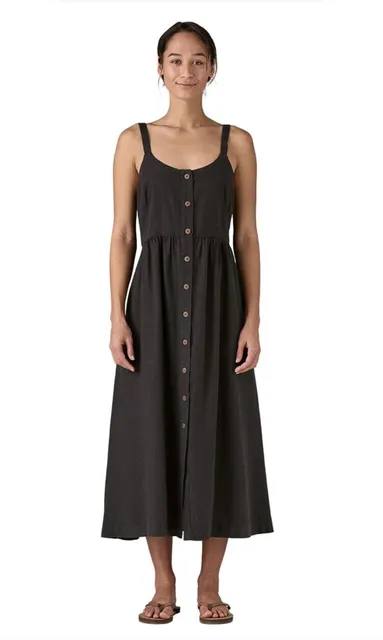 Patagonia Garden Island Dress Size L Black Midi Button Front Minimalist Granola