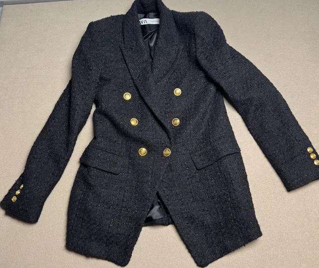 Zara Textured Weave Double Breasted Blazer Size S Black Gold Buttons