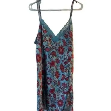 Delicates Women's Full Slip XL Satin Floral Blue Lace Trim Adjustable Straps