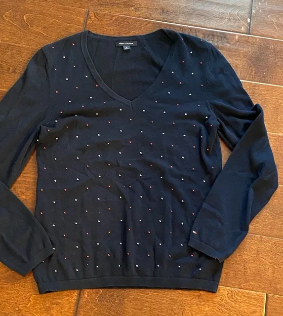 Tommy Hilfiger V-Neck Sweater Size M Navy Embellished Cotton Pullover