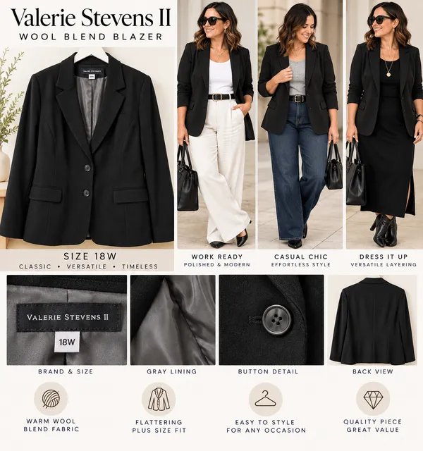 Valerie Stevens II 90% Wool (Blend) Button Up Blazer Jacket Size 18W Black