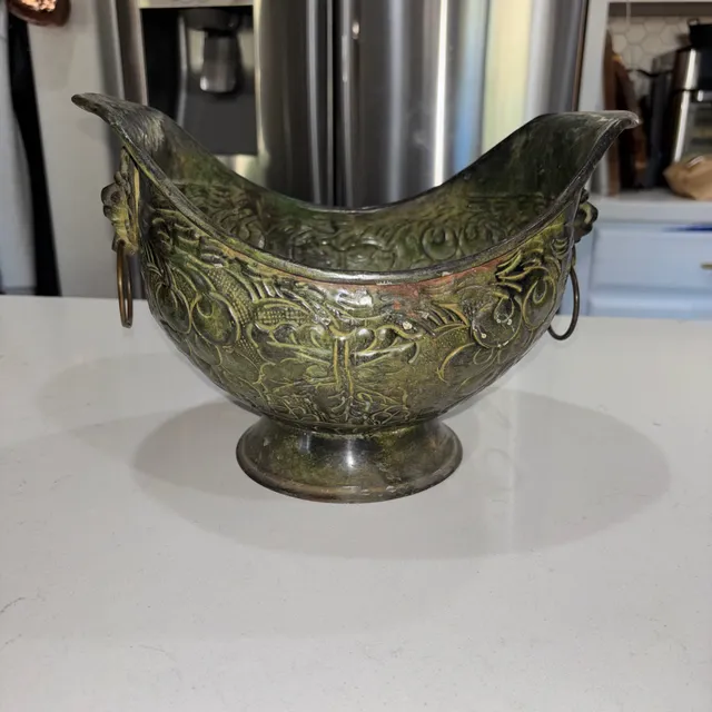 Vintage Brass Footed Scuttle Bowl Planter with Lion Head Ring Handles