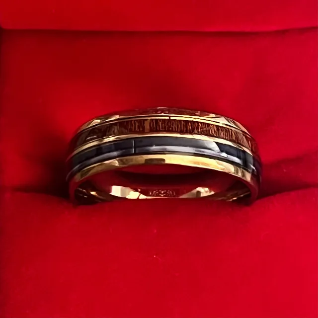 Tungsten Koa Wood and Shell Inlay Gold Polished Finish 8mm Ring Size 13