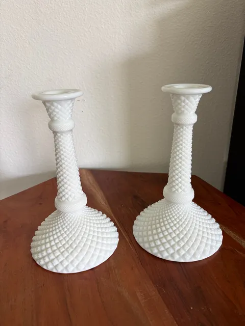 Vintage Westmoreland English Hobnail Milk Glass Candlestick set 8 in.