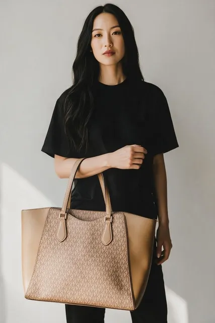Taryn Large Signature Logo and Leather Tote Bag in HUSK