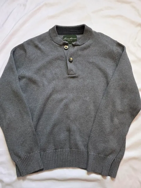 Eddie Bauer Henley Sweater Size L Grey Cotton Pullover