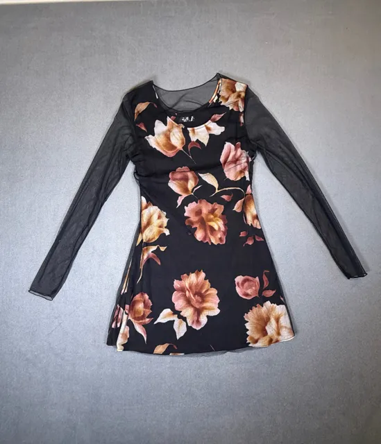 Vintage J.S.P. Y2K Floral Mesh Long Sleeve Mini Dress Black Brown Small