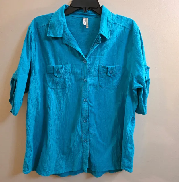 Woman Within Cotton Gauze Bigshirt Size XL/XG Blue Roll-Tab Sleeves