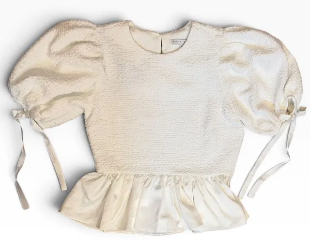 English Factory Peplum Blouse Size S White Short Puff Sleeve Top