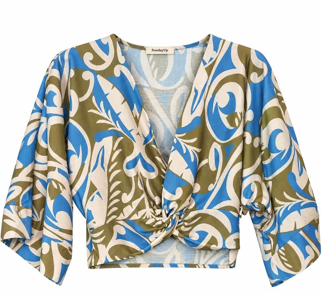 SundayUp Crop Top Size S Blue Olive Green Abstract V-Neck