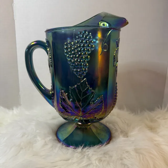 Imperial Glass Vintage Blue Carnival Glass Grape And Leaves Pitcher