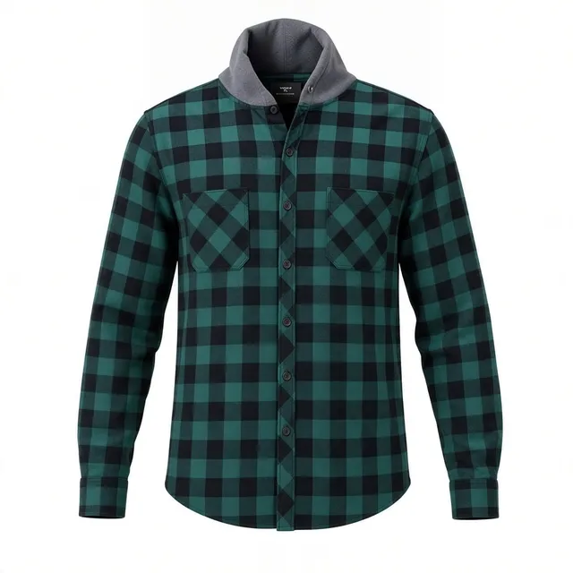 Hooded Flannel Shirt Size L Green Black Buffalo Plaid Button Up