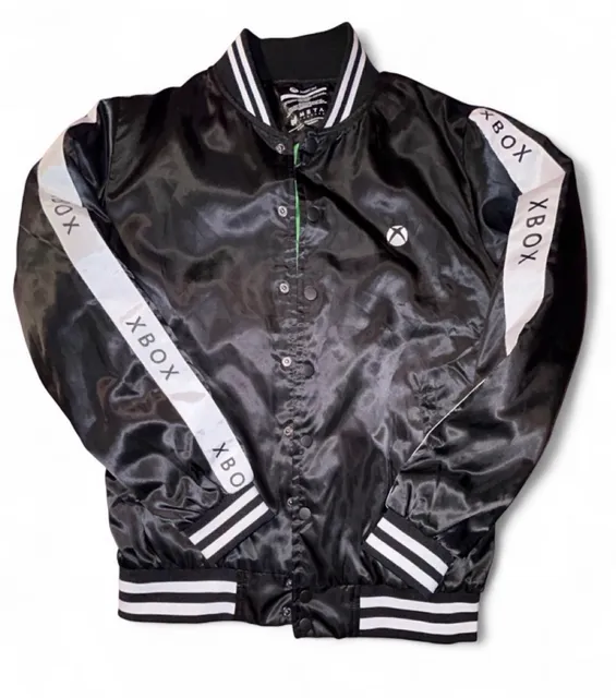 Meta Threads Xbox Tape Bomber Jacket Size Small Black Satin