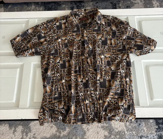 Tori Richard Hawaiian Shirt Size XL Brown Geometric Print Cotton Lawn