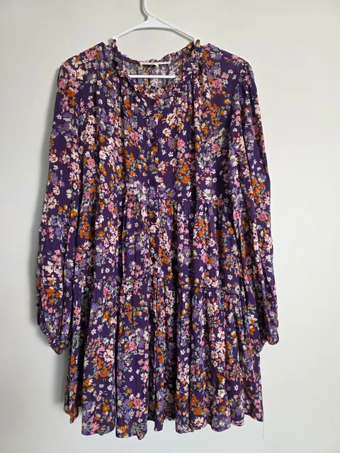 Karlie Floral Tiered Dress Size S Purple Long Sleeve Button Front