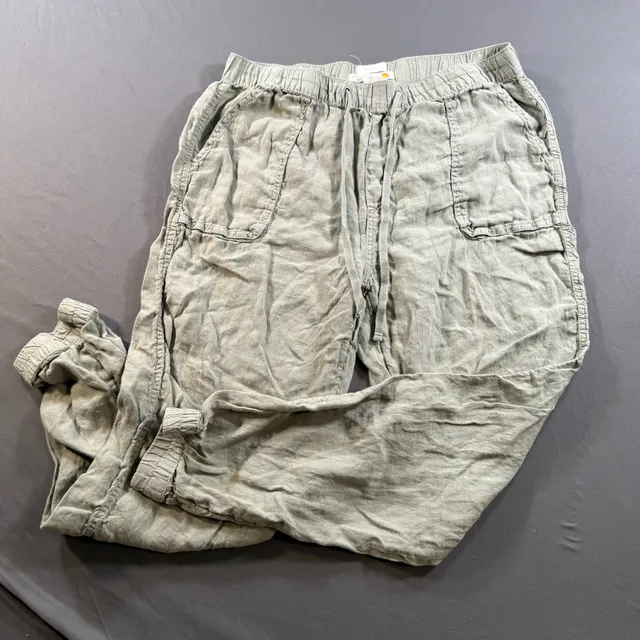 C&C California Women's Large Sage Green 100% Linen Cargo Jogger Pants