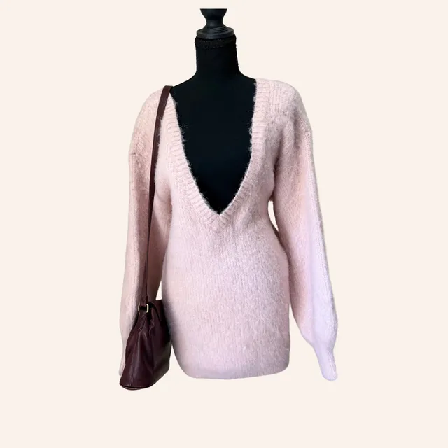 y2k baby pink fuzzy oversized deep v neck sweater coquette size medium