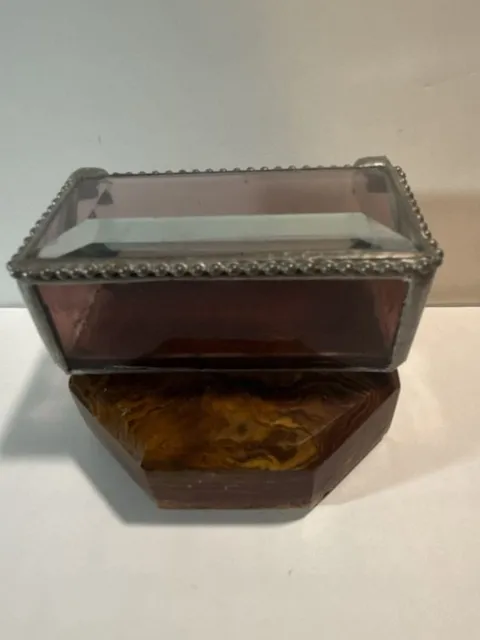 J. Devlin Glass Art Purple Stained Glass Jewelry Box Wood Base