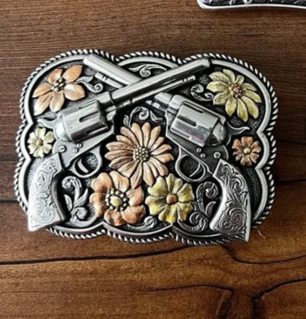 Western Belt Buckle Crossed Revolvers and Flowers Tony Lama