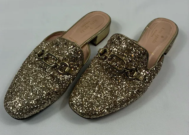 Kate Spade Glendi Mules Size 8 M Gold Glitter Chain Loafer Shoes