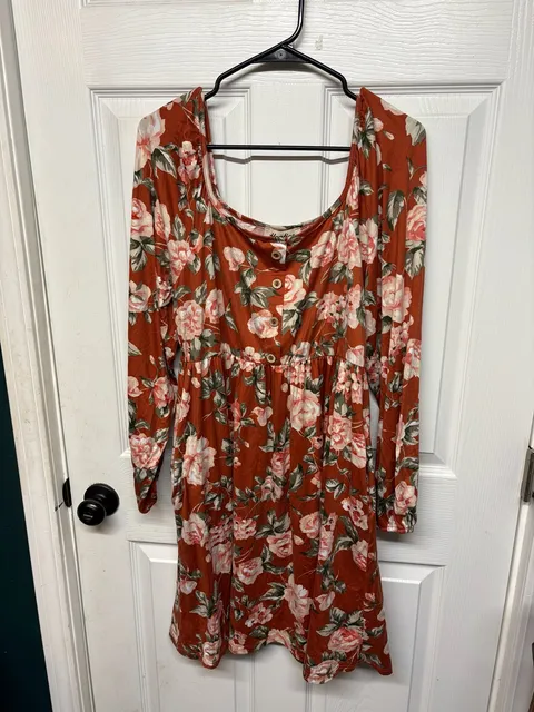 Haptics Floral Long Sleeve Square Neck Dress Rust Orange