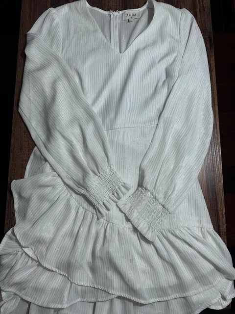 AURA Dress Size M White Metallic Stripe Long Sleeve Ruffle