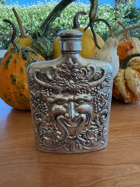 Godinger Bacchus Green Man Silverplate Flask Barware